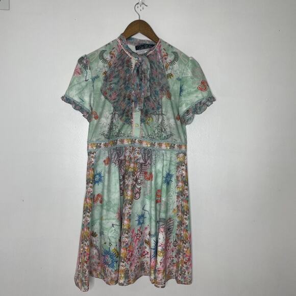 Dalia MacPhee Dress L Mint Multicolor Mesh Ruffle Neck Boho Garden Party - Picture 1 of 7